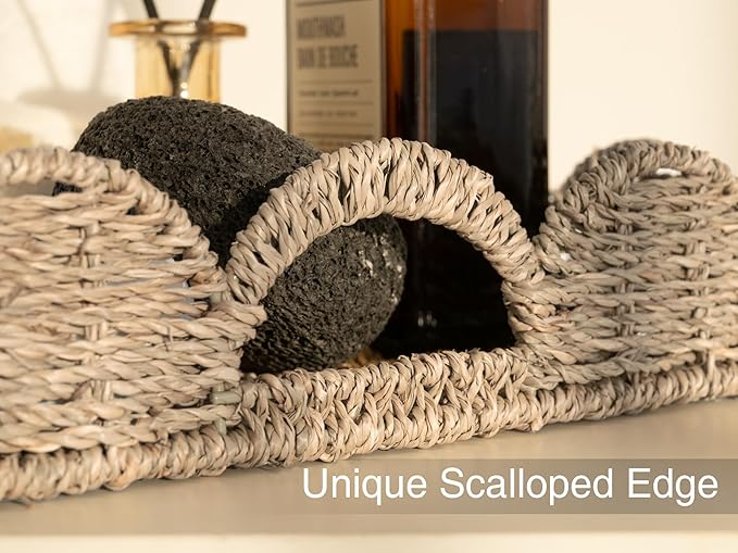 StorageWorks Rectangle Wicker Scalloped Tray, Rattan Serving Trays with Handles, Seagrass Basket for Decorative & Organizing, 15.75" L x 11.5" W x 2.75" H
