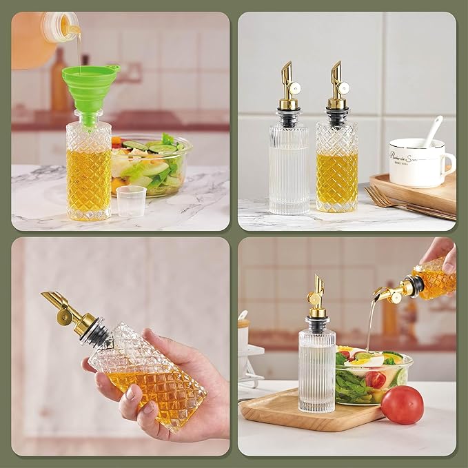 Glass Olive Oil Dispenser Bottle Small, 6.5 Oz/ 200 ml Coffee Simple Syrup Bottles with Gold Metal Pour Spout, Funnel, Measuring Cup, Oil and Vinegar Bottle for Kitchen (2 Pack)