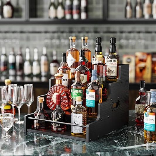 KLM Liquor Bottle Display Shelf, Coffee Syrup Rack Organizer, 4 Step Countertop Liquor Wine Rack, mini bar,liquor cabinet, Home Retro Bar Shelf Stand for Liquor Whiskey, (Black)