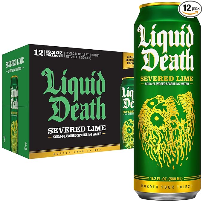 Liquid Death Soda-Flavored Sparkling Water - Severed Lime (Classic Lime Soda), Less Sugar*, Huge Flavor, No Artificial Sweeteners, King Size 19.2 Fl Oz (Pack of 12)
