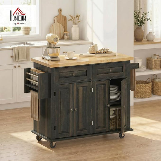 HOMCOM Kitchen Island Cart with Rubber Wood Top, Rolling Kitchen Island Table on Wheels with Drawers, Adjustable Shelves, Spice Rack and Towel Rack for Dining Room, Brown Oak