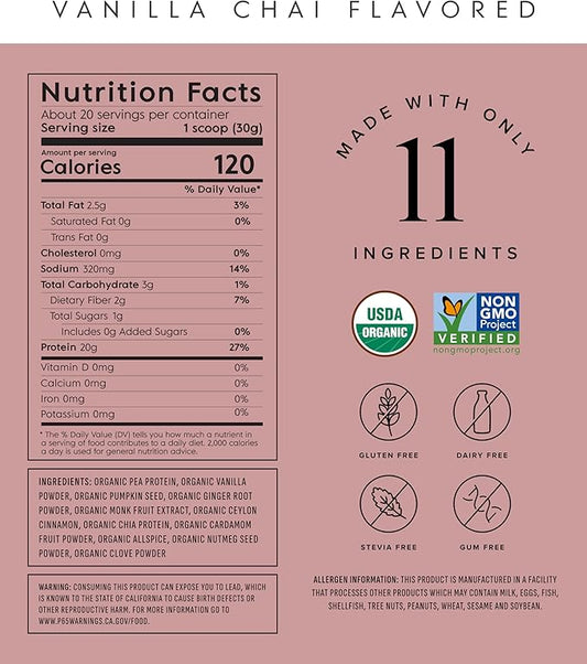Truvani Vegan Pea Protein Powder | Vanilla Chai | 20g Organic Plant Based Protein | 20 Servings | Keto | Gluten & Dairy Free | Low Carb | No Added Sugar