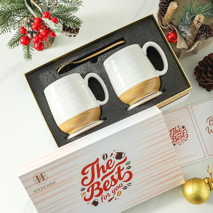 HASENSE Coffee Mugs Gift Set, 20oz Ceramic Mugs Set of 2 with Handle, Glaze Coasters & Spoons in Storage Box,Perfect Valentine‘s Day Gift for Coffee Tea and Cocoa, White