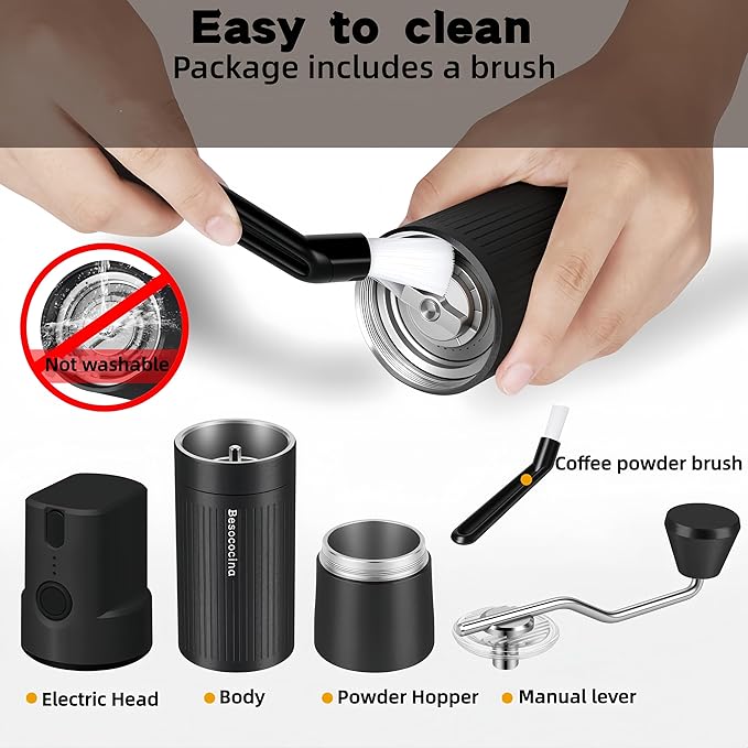Burr Coffee Grinder 2-in-1 Manual/Electric, 40mm Stainless Steel Conical Burr Coffee Bean Grinder, USB Rechargeable Home Use, 16 Grind Levels for Espresso/Drip/French Press/Mocha (Black)