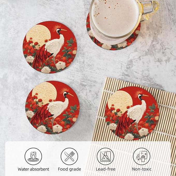 Crane Bird Flower Painting Coasters for Drinks Absorbent Round Ceramic Coasters Set of 4 Non-Slip Cup Coaster with Cork Base for Coffee Table Drink Home Decor Tabletop Protection