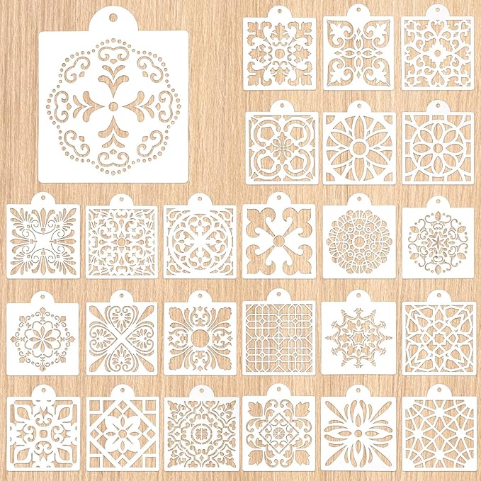 25 Pcs Scroll Tile Cookie Stencils, Royal Icing Cookie Cake Stencils Reusable Pattern, Chinoiserie Tiles Airbrush Painting Stencil, Craft Painting Stencil for Coffee Cake Dessert