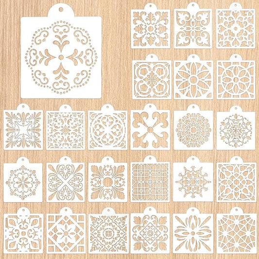 25 Pcs Scroll Tile Cookie Stencils, Royal Icing Cookie Cake Stencils Reusable Pattern, Chinoiserie Tiles Airbrush Painting Stencil, Craft Painting Stencil for Coffee Cake Dessert