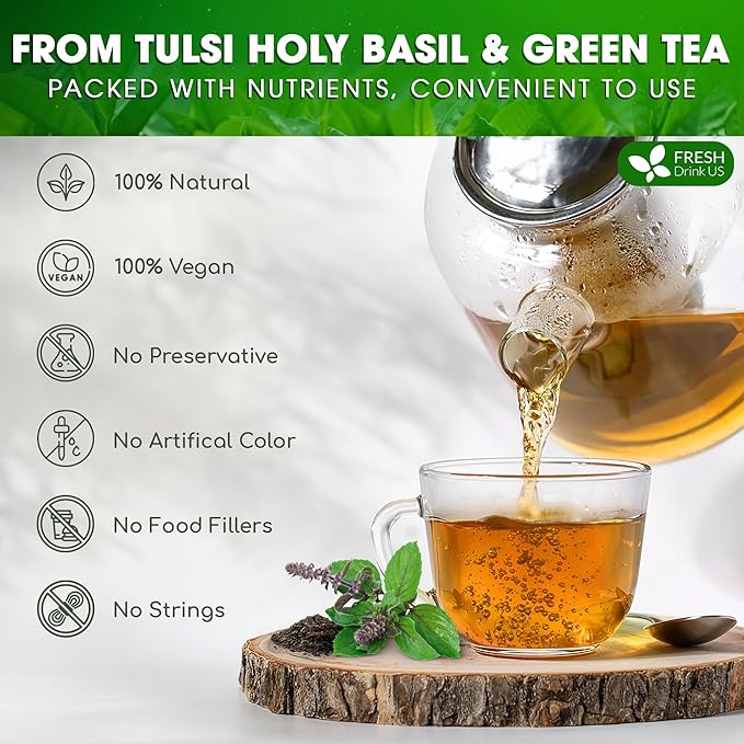 FreshDrinkUS, Premium 30 Tulsi Green Tea Bags, 100% Natural, Blend of Tulsi Holy Basil Leaves, and Green Tea Leaves. Made with Natural Material Tea Bags. No Sugar, Vegan.