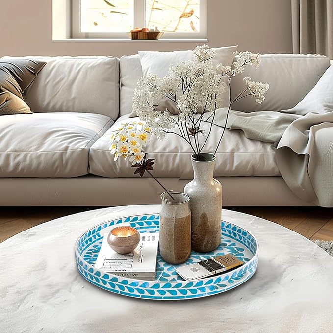 MAONAME Blue Decorative Tray, 13" Round Serving Tray with Handles, Leaf Pattern Sticker Trays for Coffee Table, Plastic Trays for Living Room, Bedroom