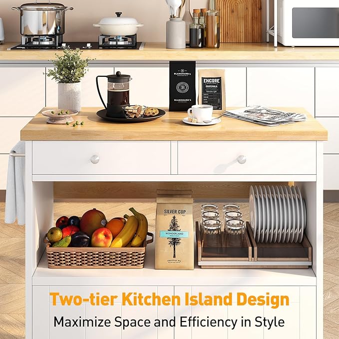 Rolling Kitchen Island with Folding Drop Leaf Breakfast Bar, 35.4'' W Kitchen Cart with Storage Cabinet and 2 Drawers, Portable Mobile Kitchen Island Table with Towel Rack, Lockable Wheels, White