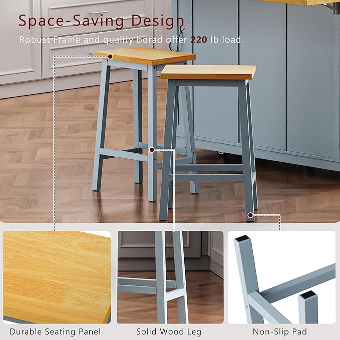 Yayzy Rolling Kitchen Island with 2 Bar Stools, Drop Leaf & Power Outlet, Large Kitchen Islands Cart on Wheels, Movable Kitchen Island with 5 Open Shelves & Towel Rack for Dining Room, 53″, Grey Blue