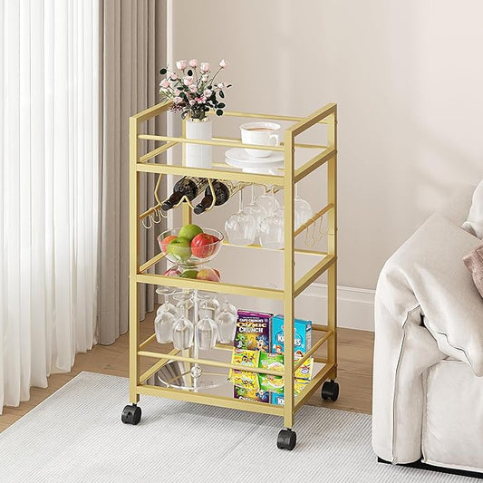 Bar Cart, Serving Cart for Home, Microwave Cart, Drink Cart, Mobile Kitchen Shelf with Wine Rack and Glass Holder, Rolling Beverage Cart for Dining Room, Gold