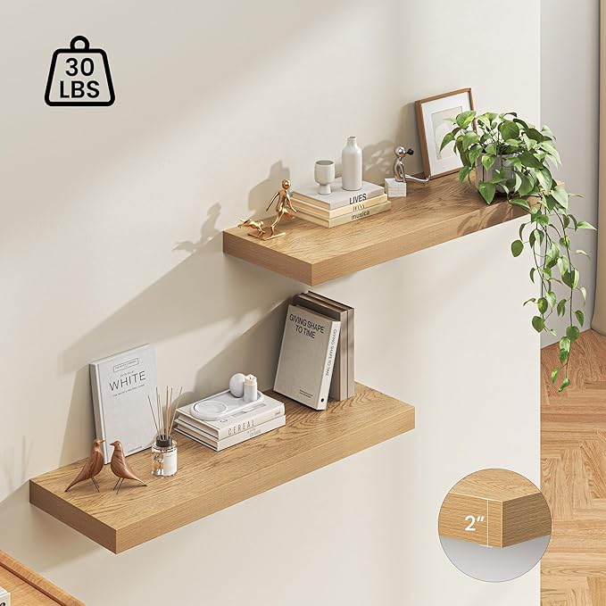 Dreamland 40" Floating Shelves for Wall, 12" Deep Thicker Oak Floating Shelves, Wall-Mounted Shelves for Bedroom, Living Room, Kitchen, Bathroom - Set of 2