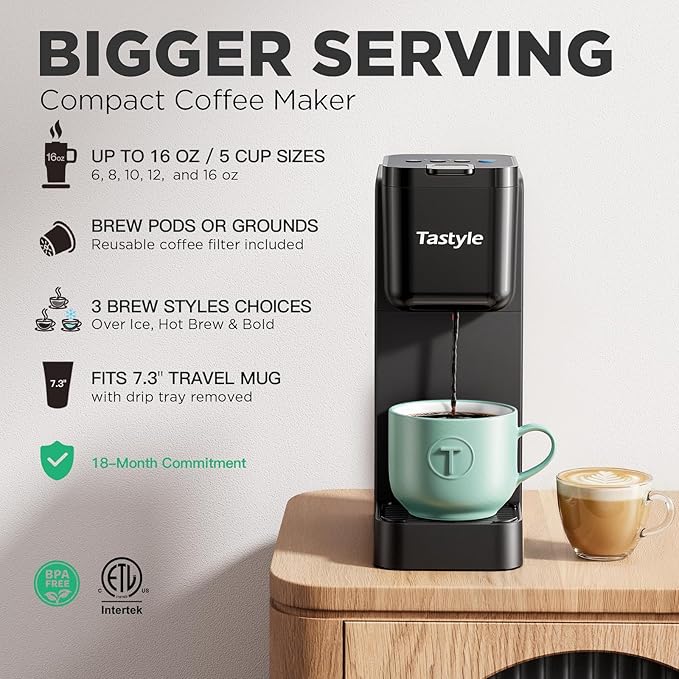 Single Serve Coffee Maker Hot and Iced with Bold Brew, Small Coffee Machine for K Cup and Ground, Fits 7.3'' Travel Mug, Brews up to 16 Oz, 5 Cup Sizes, for Office, RV& Hotel, Elegant Black