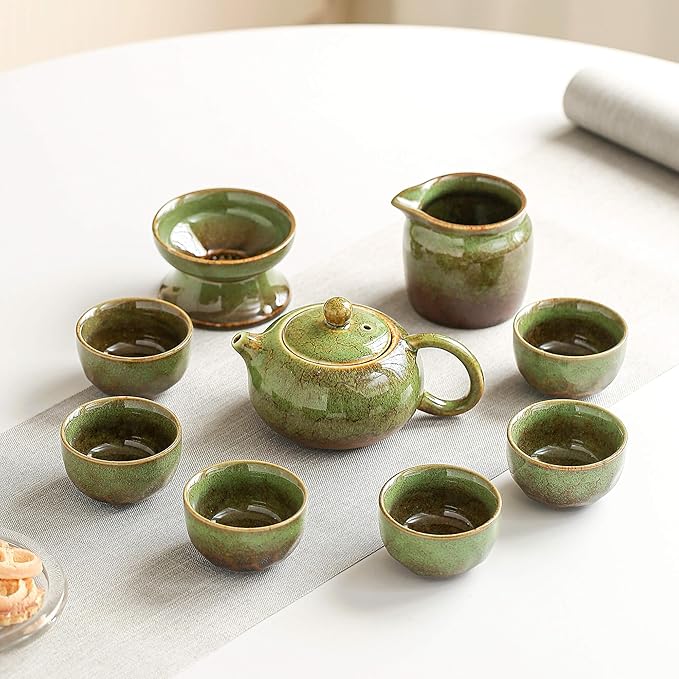 Chinese Tea Set, 10-Piece Ceramic Set with Teapot and Cups, Gongfu Tea Set,Tea Gift Sets,Outdoor and Office (Kiln-Changed Green)