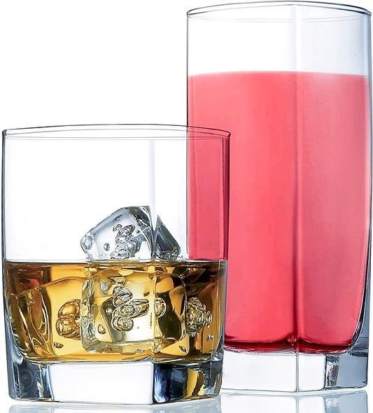 Le'raze Everyday Drinking Glasses Set of 8 Drinkware Kitchen Glasses for Cocktail, Iced Coffee, Beer, Ice Tea, Wine, Whiskey, Water, 4 Tall Highball Glass Cups & 4 Short Old Fashioned.