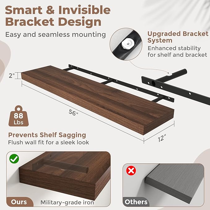 Marsmiles 12" Deep Floating Shelves for Wall with Invisible Brackets, Wall Mounted Engineered Wood Shelves with Wood Grain for Living Room, Bedroom, Kitchen Decor and Storage, 55" L Set of 1, Walnut