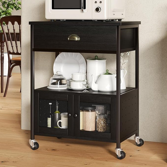 Catrimown Coffee Cart Station with Storage Drawer, Small Microwave Stand with Storage Cabinet, Coffee Stand Station, Rolling Island Cart for Living Room, Dining Room, Kitchen, Black
