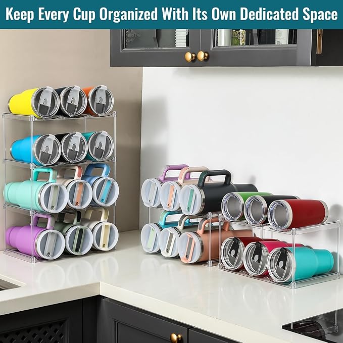 Design for Stanley 40 OZ & Large Bottles & Tumblers with Handle, Acrylic Water Bottle Organizer - Stackable Clear Wine Rack, Cup Holder for Home Kitchen Pantry Shelf Countertop Cabinet, 2 Tier Hold 6