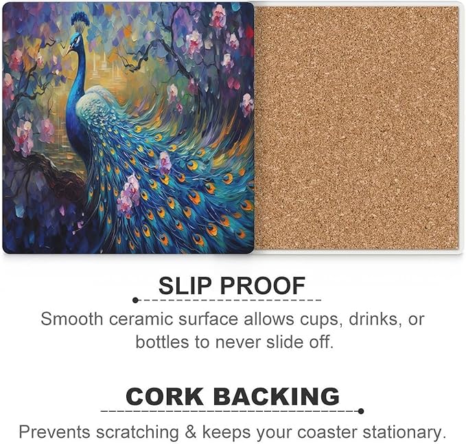Square-4PCS Peacock Ceramic Coasters, Square Absorbent Drink Coasters, Vintage Watercolor Style Floral Beautiful Blue Peacock Ceramic Table Coasters for Coffee, Beverage, Wine, Beer Coasters