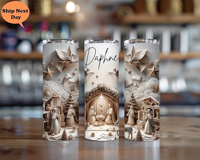 Custom Nativity Scene Tumbler with Straw, Personalized Christmas Religious Themed Insulated Drinkware, 20 oz