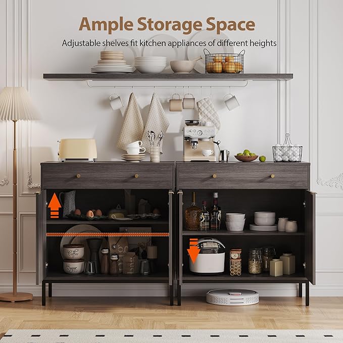 Mericonia Farmhouse Buffet Sideboard Cabinet with Storage, Fluted Coffee Bar with Doors and Adjustable Shelves, Modern Wood Console Cabinet for Kitchen, Livingroom (Fluted 2 Door, Grey)