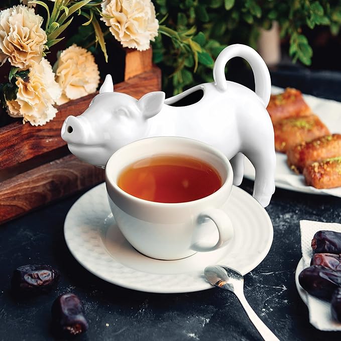 HIC Kitchen Pig Creamer With Handle, Fine Porcelain, 6-Ounce, For Serving Milk, Cream, Syrup, Dressings, And Sauces
