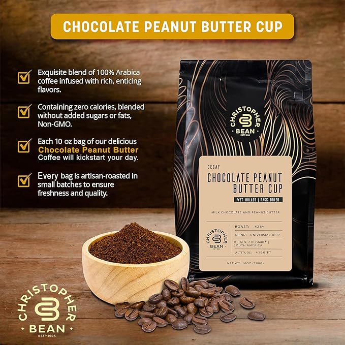 Christopher Bean Coffee - Certified Kosher - Decaf Ground Universal Drip Chocolate Peanut Butter Cup Flavored Coffee| Coffee Beans with Medium Roast 100% Arabica, No Sugar, No Fats, Non-Gmo | 10-Ounce Bag