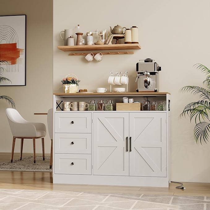 GAOMON 51Inch Sideboard Buffet Cabinet, Wood Rustic Coffee Bar Large Buffet Storage Cabinet with Drawers and Power Outlets Shelves Doors for Dining Kitchen Living Room, White