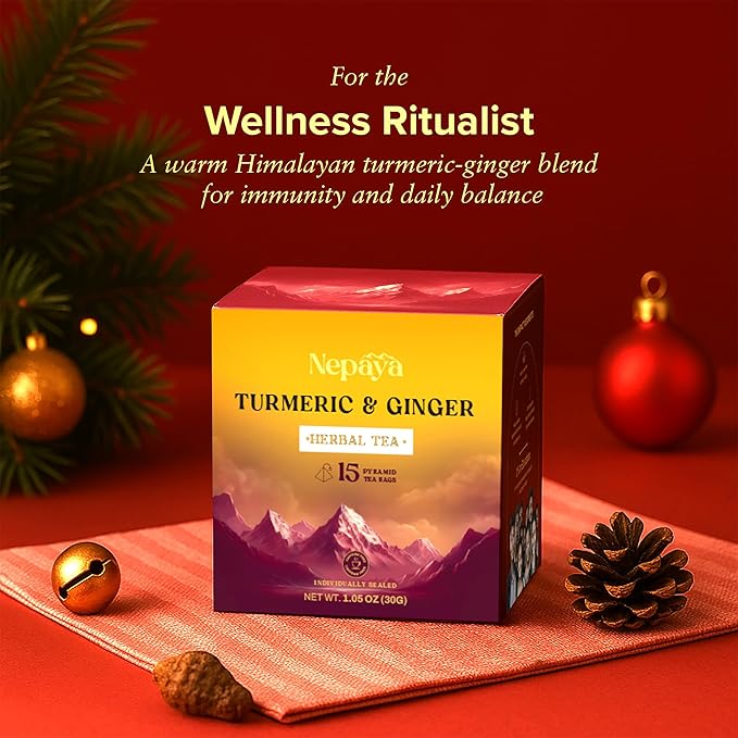 Nepaya Turmeric Ginger Herbal Tea – 15 Pyramid Tea Bags, Biodegradable, Caffeine-Free, Warm & Spicy, Himalayan Blend, Gluten-Free