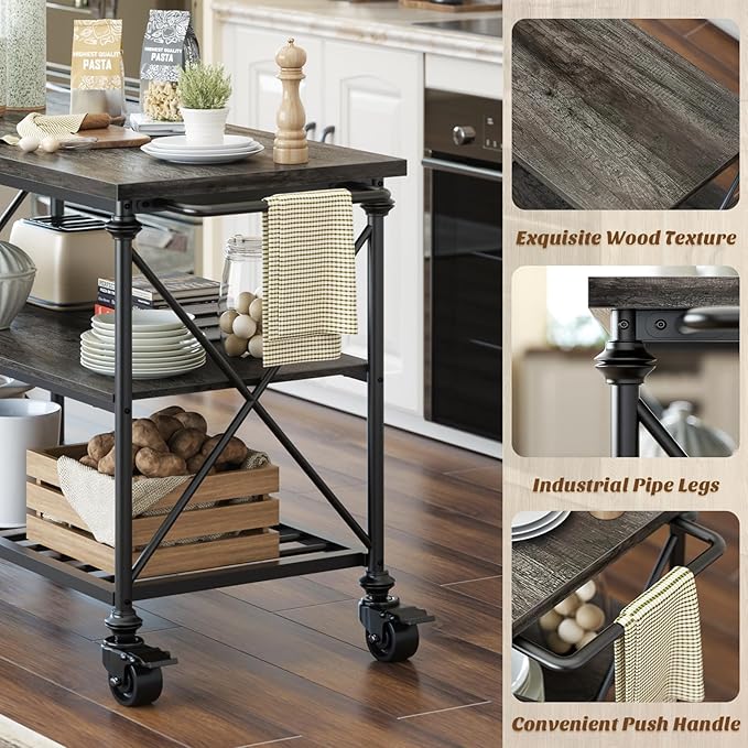 Homieasy Kitchen Island Cart with Wheels, 3-Tier Wood and Metal Rolling Kitchen Island Table with Pipe Legs, Storage Shelves & Lockable Casters for Kitchen Dining Room, Black Oak