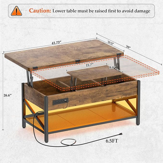 Aheaplus Coffee Table Lift Top with LED Light and Power Outlet, Multi-Function Coffee Table Converts to Dining Table, Center Table with Shelves for Living Room Reception Home Office, Rustic Brown