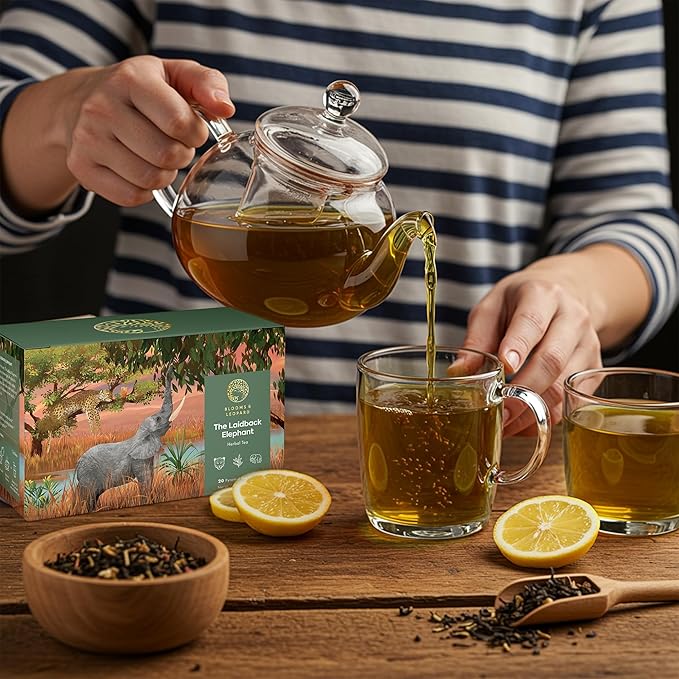 Blooms & Leopard Premium Herbal Tea Bags | The Laidback Elephant Blend | Rooibos, Apple, Lemongrass, Lemon Peel & Coconut Flakes | Caffeine-Free Herbal Infusion for Relaxation, Detox & Wellness | 20 Pyramid Tea Bags