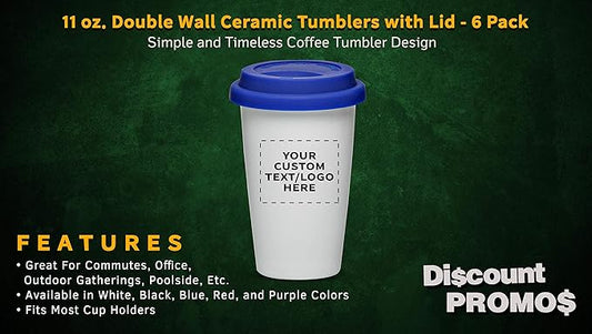 Personalized 11 oz. Double Wall Ceramic Tumblers with Lid - 6 Pack - Custom Text, Logo - Blue