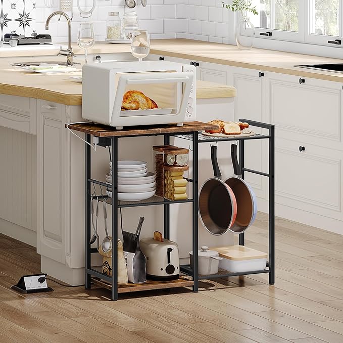 HOOBRO Bakers Rack with Power Outlet, Microwave Stand with Pots Rack, Kitchen Stand, Coffee Bar Table with 6 S Hooks, Kitchen Utility Storage Shelf for Spices, Pots, Black and Rustic Brown BF15UHB01G1