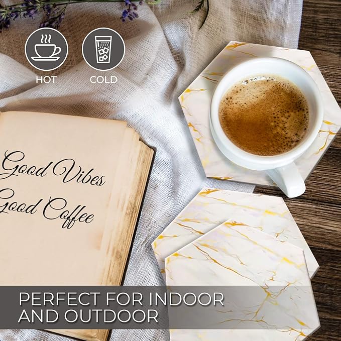8-Piece Marble Ceramic Coaster Set | Super Absorbent for Hot & Cold Drinks | Cork Bottom Table Coasters