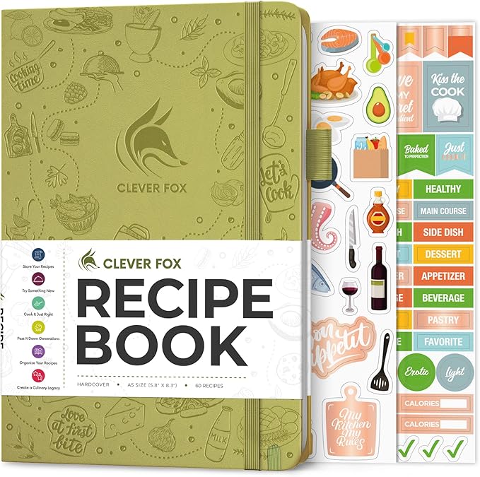 Clever Fox Recipe Book – Blank Family Cookbook – Empty Cooking Journal – Notebook Organizer to Write In Recipes – Medium, A5 (Olive)