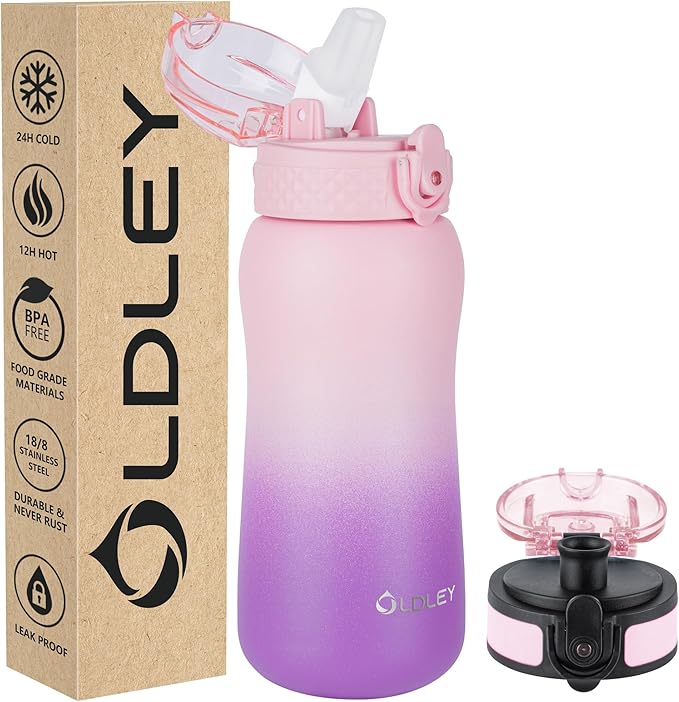 Oldley Insulated Water Bottle 12oz Kids Water Bottles with Straw, Stainless Steel Water Bottle with 2 Lids,Double Wall Vacuum Bottle, Leak-Proof Sport Bottles for School Travel, Ombre Pink-Purple