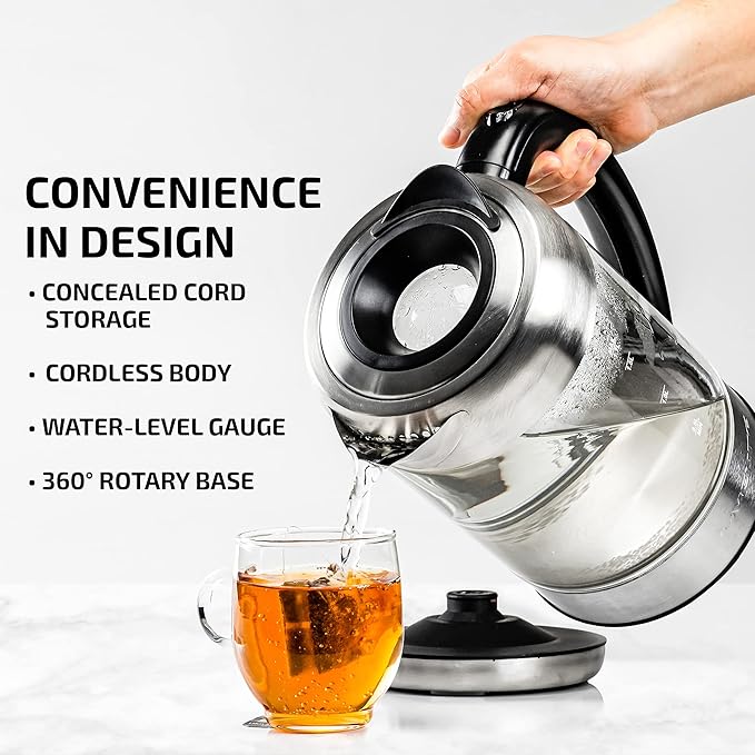 OVENTE Electric Kettle with 1.7L Borosilicate Glass, 1500W Instant Water Boiler and Heater for Coffee or Tea, BPA Free, Easy to Fill Lid, Auto Shut-Off and Boil Dry Protection, Silver KG612S