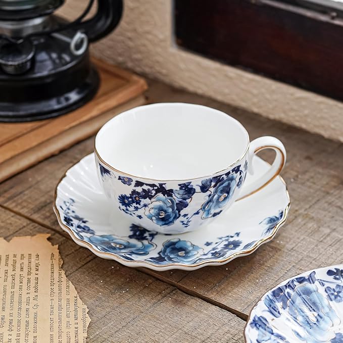 ceramic tea cup and saucer set of 4,floral teacup sets for Coffee, Latte, Cafe Mocha and Tea (Dark blue flowers)