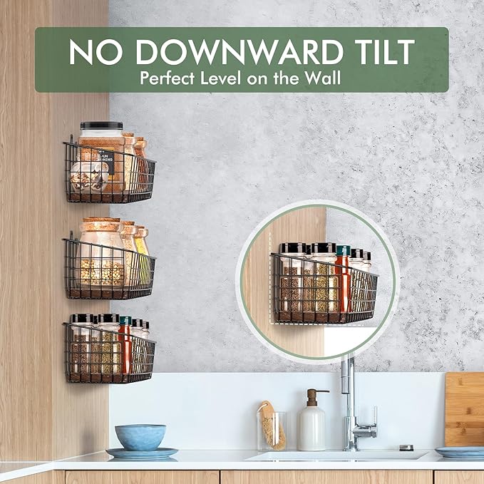 Wall Hanging Baskets 3 Pack, Diversified Wire Basket Shelves of Wooden Style, with Wall Mounted Hooks & Traceless Stickers, for Kitchen Coffee Bar Office Room Garage Storage Organization (Extra Large)