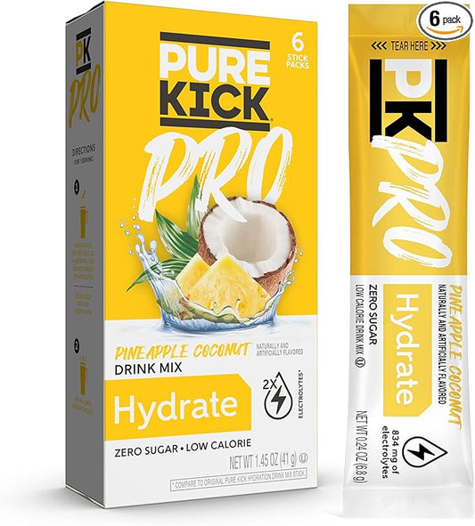 PURE KICK PRO Hydration Electrolyte Drink Mix, Pineapple Coconut, Includes 1 Box with 6 Packets in Each Box