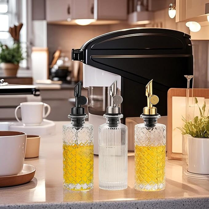 Glass Olive Oil Dispenser Bottle Small, 6.5 Oz/ 200 ml Coffee Simple Syrup Bottles with Black Metal Pour Spout, Funnel, Measuring Cup, Oil and Vinegar Bottle for Kitchen (2 Pack)