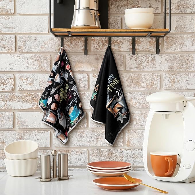 Ferraycle 4 Pieces Kitchen Dish Cloths Coffee Kitchen Hand Towels Absorbent Tea Towels 24 x 16 Inches, Cafe Lover Gift Bar Decorative Dish Cloths Rags, for Farmhouse(Black,Coffee Time)