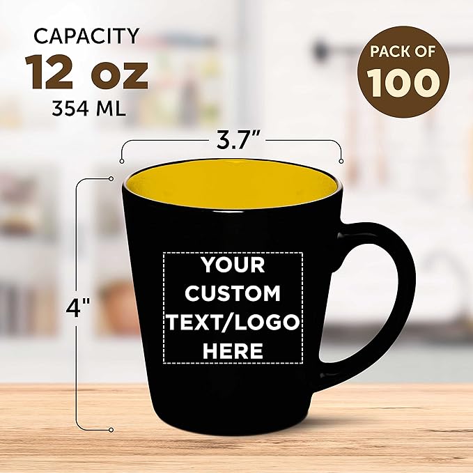 Custom Ceramic Coffee Latte Mugs 12 oz. Set of 100, Personalized Bulk Pack - Perfect for Coffee, Tea, Espresso, Hot Cocoa, Other Beverages - Yellow