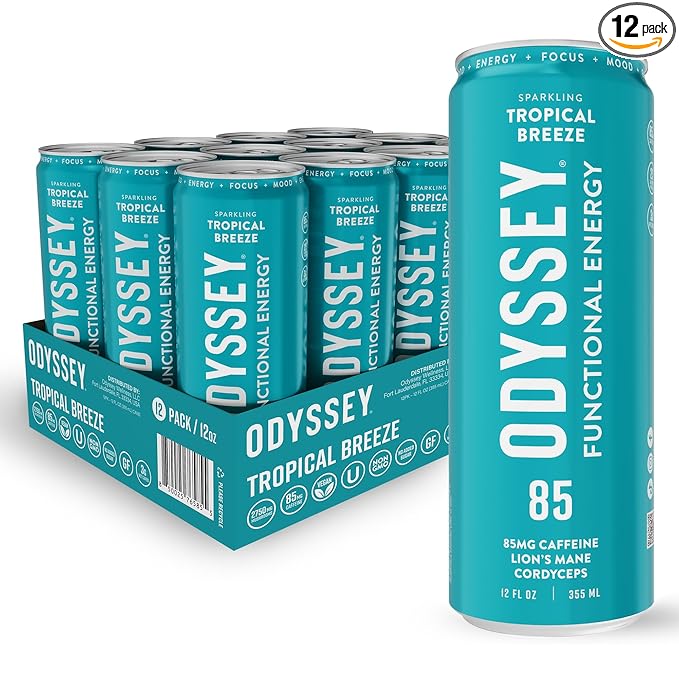 Odyssey Functional Energy Drink for Focus, Cognition & Mood Support 12 Pack - Adaptogenic Drink with 85mg Green Tea Caffeine, Lion’s Mane, Cordyceps, L-Theanine & Ginseng, Sparkling Tropical