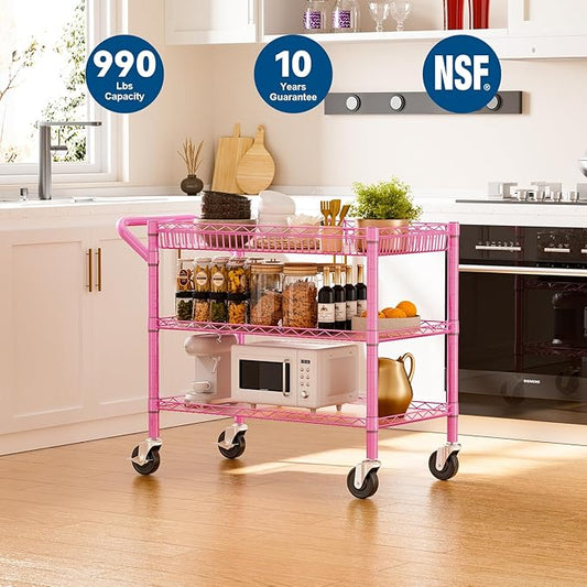 WDT Pink Rolling Utility Cart with Wheels, 990Lbs Heavy Duty Metal Cart with Handle & Shelf Liners, NSF Certified 3-Tier Storage Trolley for Esthetician, Kitchen, Salon & Craft Room, Pink