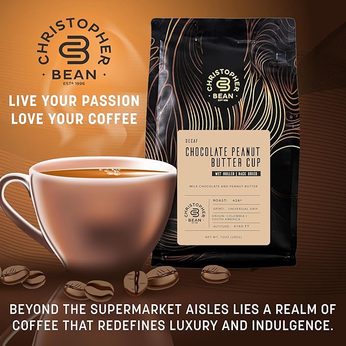 Christopher Bean Coffee - Certified Kosher - Decaf Ground Universal Drip Chocolate Peanut Butter Cup Flavored Coffee| Coffee Beans with Medium Roast 100% Arabica, No Sugar, No Fats, Non-Gmo | 10-Ounce Bag