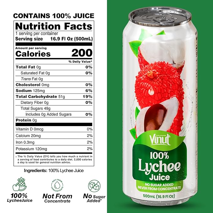 VINUT 100% Lychee Juice, No Added Sugar, Not From Concentrate, 16.9 fl oz (500 mL) Can, Pack of 6