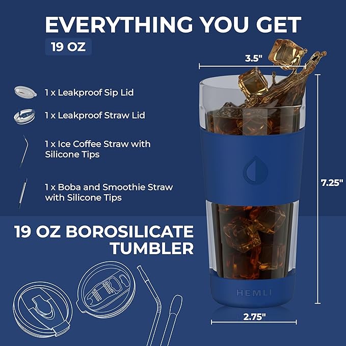 19 oz. Double Wall Glass Coffee Tumbler, To Go Travel Mug with Lid, Portable Glass Thermos with Straw, Reusable Cup, Tea, Smoothies, Ice Coffee, and Boba